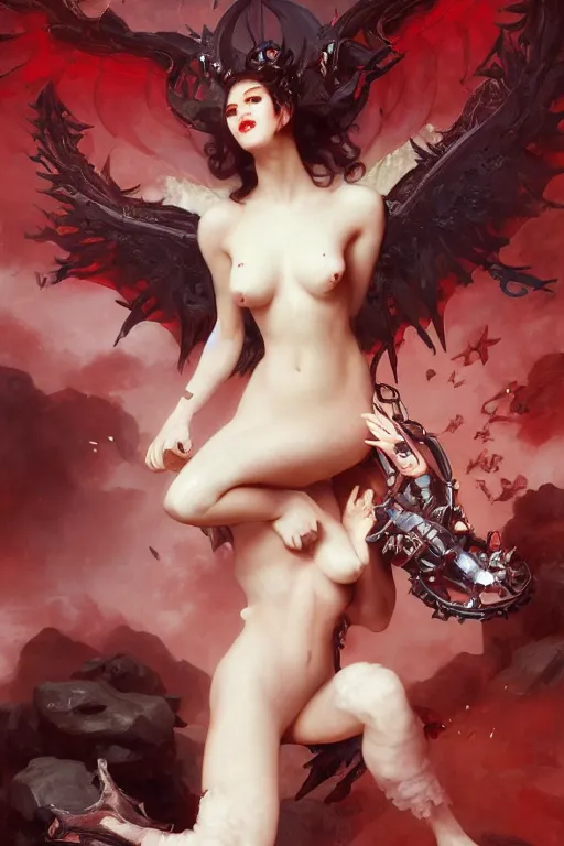 Prompt: Portrait of beautiful pale laughing succubus maiden with mechanical wings, nimbus, and devil's horns, red lighting, masterpiece 4k digital illustration by Ruan Jia and Mandy Jurgens and Artgerm and william-adolphe bouguereau, highly detailed, trending on artstation, award winning,