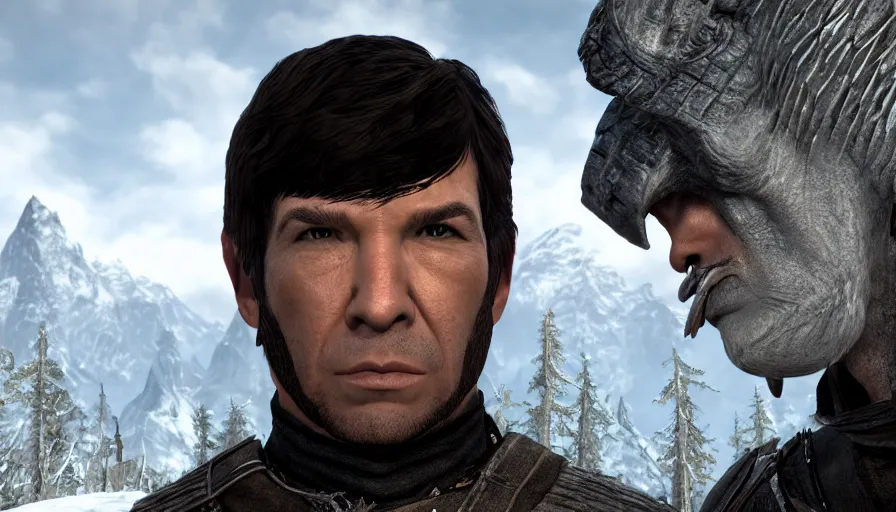 Prompt: close - up skyrim character screenshot of spock, star trek, solo portrait, enb, 4 k, bokeh, beautiful, detailed