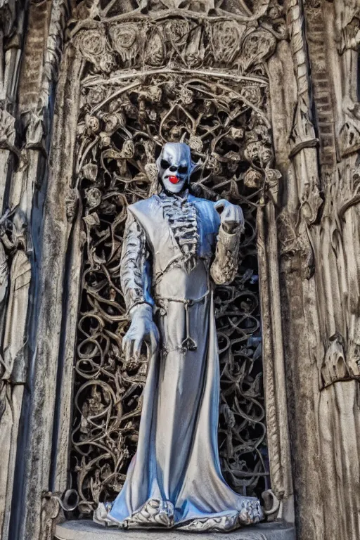 Image similar to a cinematic view of a ornated intricate gothic sacred statue of medieval joker made in light concrete, with few ornaments in shiny polished chrome, sculpted by gaudi, neutral background