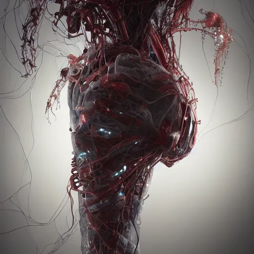 Image similar to a biomechanical ghost covered in fluid silk, veins nerves, tendons wires machines, highly detailed, backlit, dark atmosphere, octane render, unreal engine, photorealist, procedural light, grimy lab