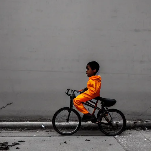 Image similar to a photo of a boy wearing a hazmat suit, riding a bike, side-view, smoke in the background, filthy streets, broken cars. Vines growing. Jpeg artifacts. Full-color photo. Color color color color color. Award-winning photo. Samyang/Rokinon Xeen 50mm T1.5