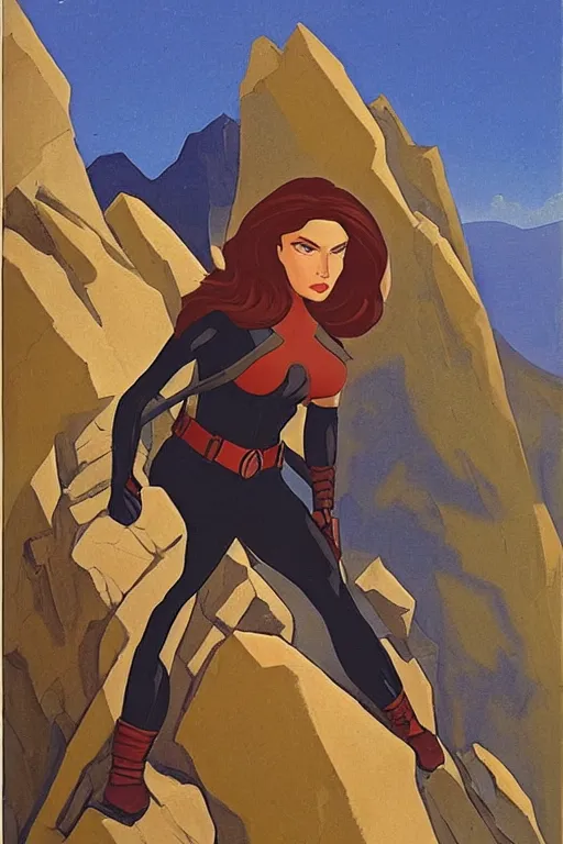 Image similar to black widow ( natasha romanova ) on mountains, marvel, artwork by nicholas roerich,