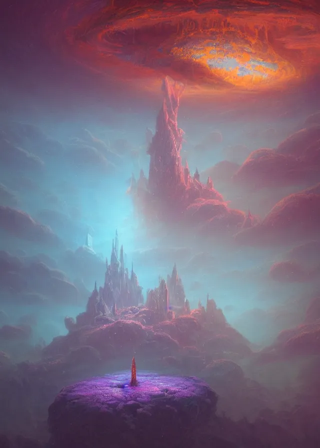 Prompt: an ultra detailed midjourney concept digital art painting of a singular floating island with a castle, flying citadel levitating across space in a misty pearlescent nebula by paul lehr kazumasa uchio situated in a starry expanse of bioluminescent cosmic worlds by beksinski and beeple, ecological art, flying citadel with towers, trending on artstation