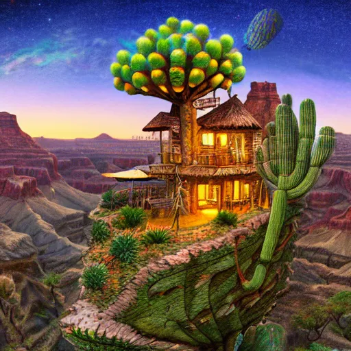 Image similar to fancy treehouse mansion built in a giant cactus on top of plateau with amazing panoramic view of colorful sunset over the grand canyon detailed luminescent airbrushed magical realism painting 4 k