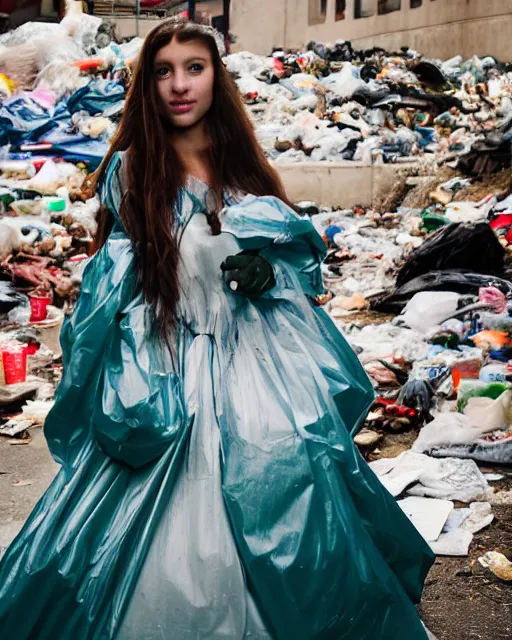 Image similar to a beautiful photo of a Young female with long hair and reflective eyes, Queen of trash wearing a gown made of plastic bags and trash, surrounded by trash all around and in the background, top cinematic lighting , very detailed, shot in canon 50mm f/1.2