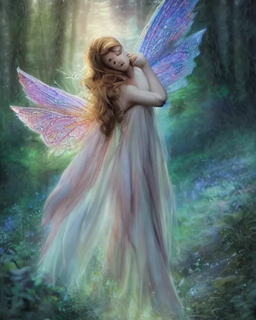 Prompt: pretty, happy forest fairy by artgerm in a scenic woods, sweet with graceful wings muted colors, sharp focus, high fantasy art, by scot howden. fairy aesthetics, intricate, elegant, highly detailed, hyperrealistic painting, artstation, concept art, painterly, dreamy, soft illumination, hasselbrad photography, illustration, art by scot howden