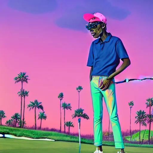 Prompt: a photoshoot for a golf le fleur clothing line starring gorillaz, 8 k concept art, golden hour, vintage, pink skies, cloudy, dreamy, extremely detailed, by damon albarn, mixed media