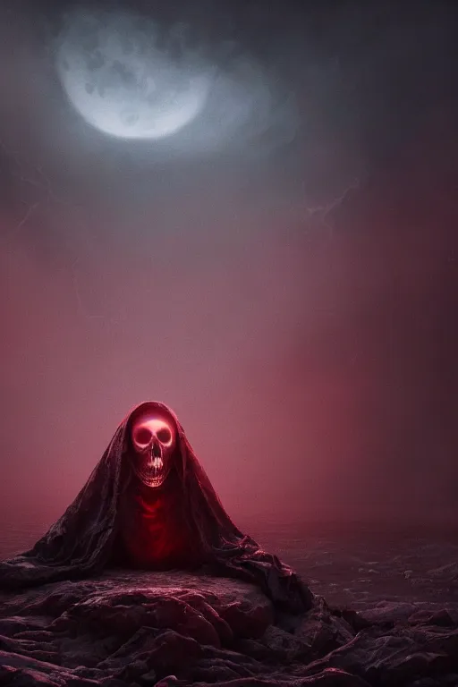 Prompt: death comforting life, perfectly circle red moon in the sky, dark and dim lighting, night, storm of all storms, weird, spooky, enchanted scene, evil, beautiful, spooky, haunted, environment concept, cgsociety, environment 8K artstation, cinematic lighting, intricate details, extreme beauty, Unreal Engine 5