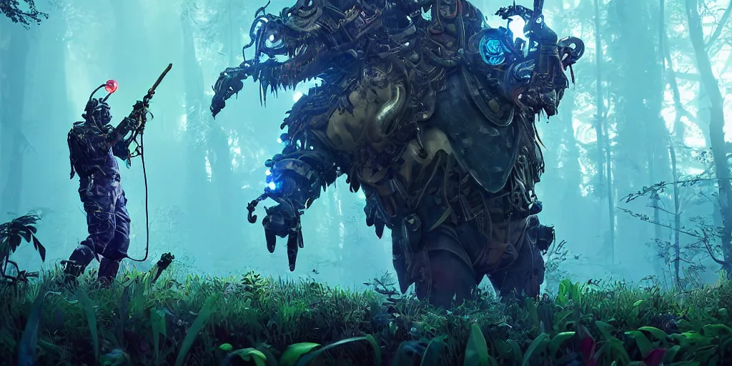 Image similar to gamekeeper hunting for mystical forest monster and wearing a steampunk and neonpunk mechanical fluorescent mystical animal mask realism in style of fornite game. bio luminescent, plasma, ice, water, wind, creature, artwork by tooth wu and wlop and beeple and greg rutkowski, epic cinematic shot, perfectly defined features, ambient occlusion