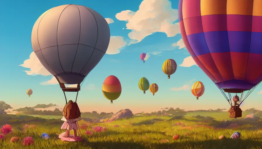 Image similar to a colorful easter egg as hot air balloon, sunset, serene evening atmosphere, soft lens, soft light, cel - shading, animation, in the style of cgsociety, deviantart, artstation, zbrush, cinema 4 d, studio ghibli, akihiko yoshida, atelier lulua, masamune shirow