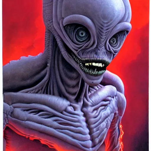 Image similar to realistic alien with horns. red eyes, human eyes, background flames, by wayne barlowe