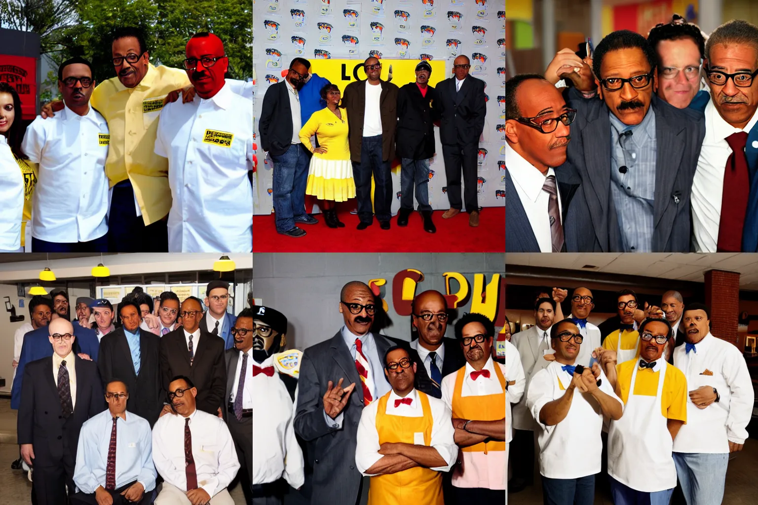 Prompt: Los Pollos Hermanos employees and Gus Fring taking group photo, press photo