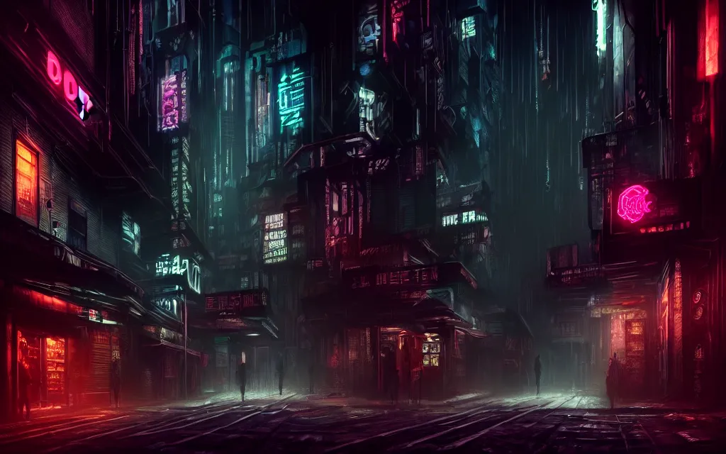 Prompt: dark dystopian cyberpunk bar street neon gothic - noir undertones, cinematic scene, volumetric lighting, dark subdued gloomy