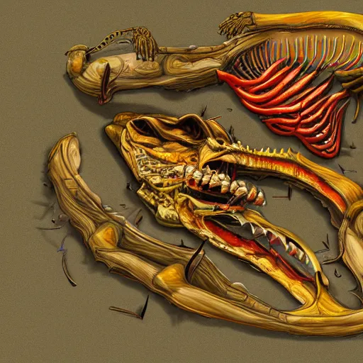 Image similar to digital art, a dissected crocodile with skin of water, muscles of fire and bones of aluminum