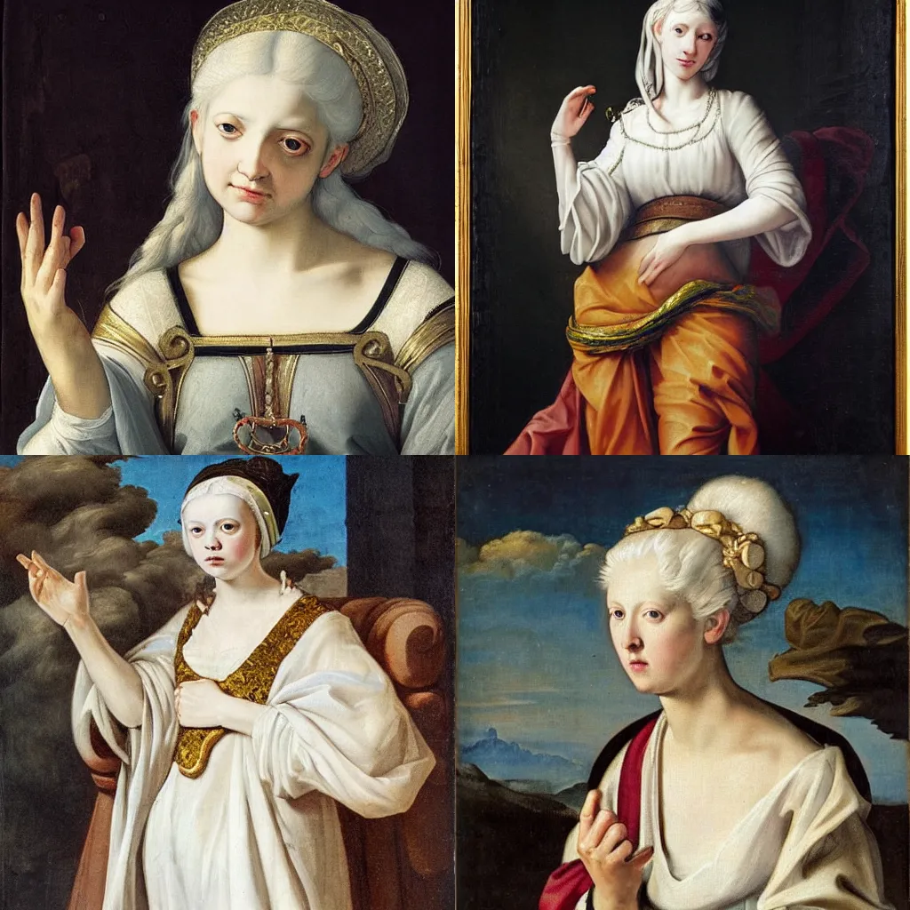 Prompt: a portrait of a white hair young lady in a toga, baroque art style, ethereal, high detail, renaissance painting