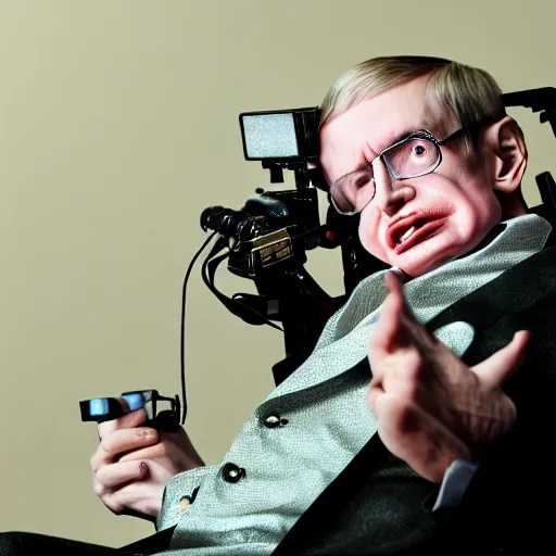 Image similar to Stephen Hawking with silver-violet hair, white eyes and golden glittery dress, wide lens, diorama, 4k,