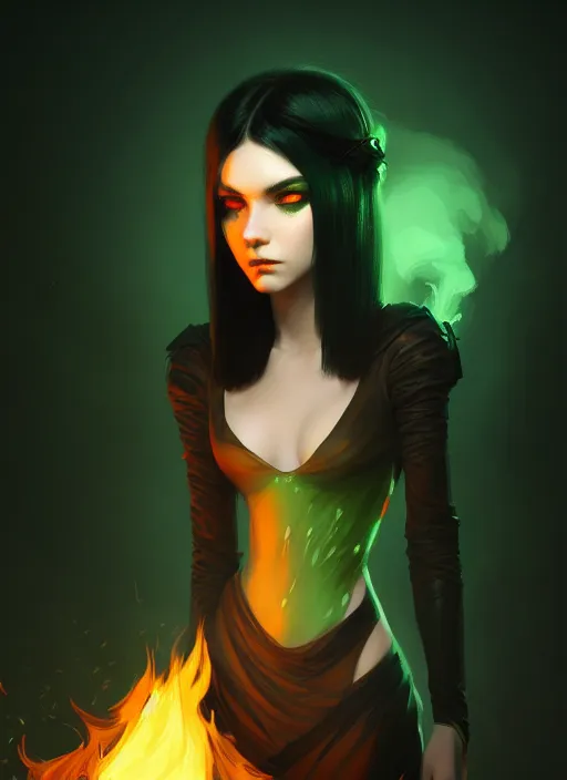 Image similar to black hair with green eyes girl, pyromancer, intricate, elegant, highly detailed, digital painting, artstation, concept art, smooth, sharp focus, illustration, ethereal, misty, by ilya kuvshinov and jeremy mann, 8 k, octane render