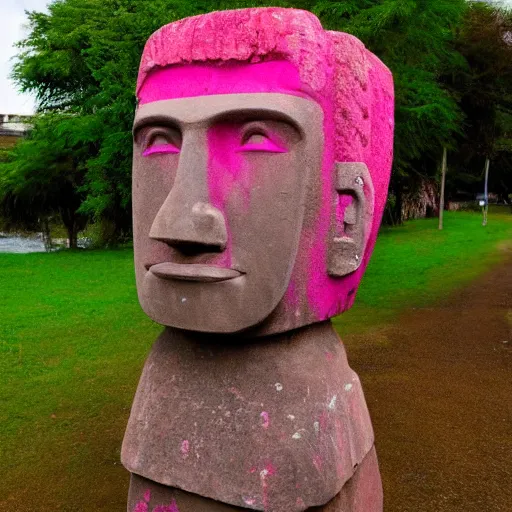 Image similar to moai head with pink hair