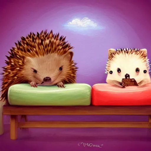 Image similar to two cute adorable hedgehogs, sitting together on a couch, romantic, shy hedgehog, blushing, waving, smiling, cute, hedgehog, by cyril rolando