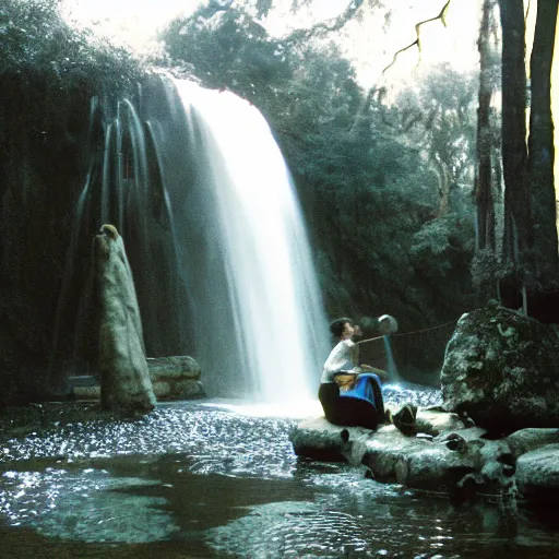 Prompt: the legend of big sir large smooth monster bathing in a small pond with a waterfall, big sur, film still