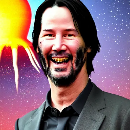 Prompt: keanu reeves with a big smile, nuclear explosion behind him, by beeple, masterpiece,