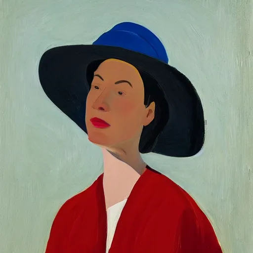 Prompt: young woman with hat, by Alex Katz, colorful, oil on canvas