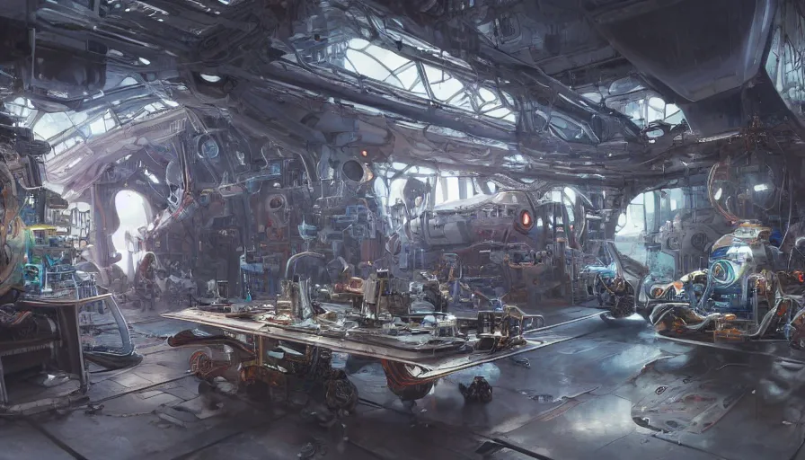 Image similar to the inside of a futuristic mechanic spaceshop coc, highly detailed interior, scrap metal on workbenches, half - finished robot, holographic screen in center frame by peter mohrbacher, cryengine render, hyper realism, realistic shading, cinematic composition, realistic render, octane render, detailed textures, photorealistic, wide shot, fanciful, colorful