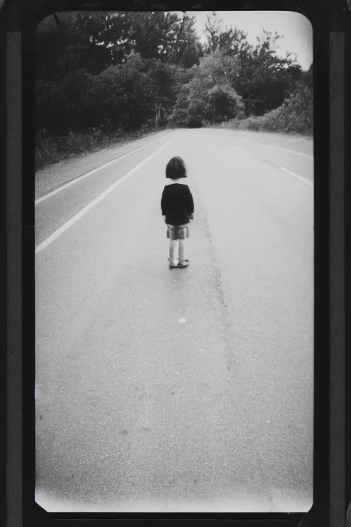 Prompt: photo polaroid of a sad and lonely child in the middle of a road with field hospitals , field hospitals, pandemic, loneliness, black and white ,photorealistic, 35mm film,