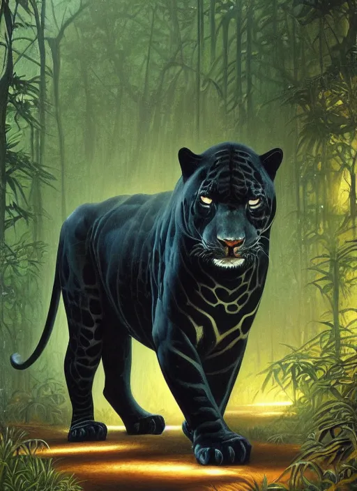 Image similar to a beautiful black jaguar waling in the jungle at night, art by christophe vacher