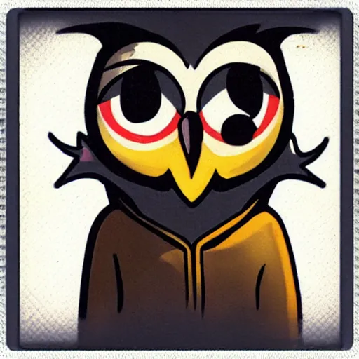 Image similar to !!! sticker!!! close - up polaroid photo of anthropomorphic owl anthropomorphic!!! wearing a hoodie!!!!