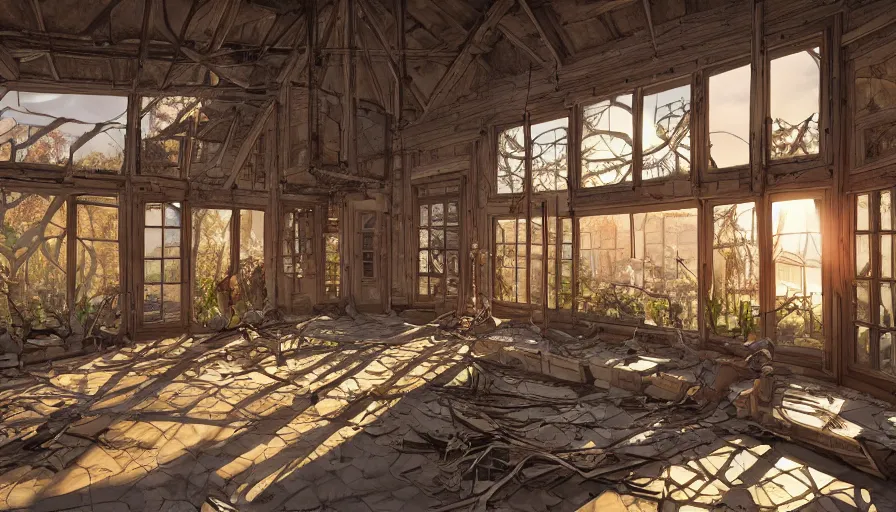 Image similar to wooden craft garden built in destroyed museum in washington dc, sunrise light through windows, hyperdetailed, artstation, cgsociety, 8 k