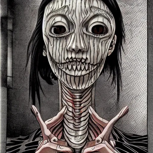 Prompt: human with a mirror for a face by junji ito and studio ghibli, color, gothic art, highly detailed, detailed, dramatic, scary, horror, eerie, dramatic, 8 k