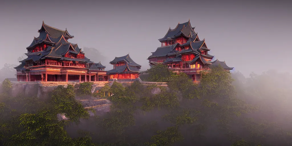 Prompt: a highly detailed photo of a pan asian castle surrounded by a mist shot during twilight on 3 0 mm film painted by alena aenami, rendered in unreal engine