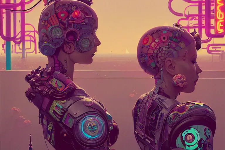 Prompt: egirl androids with mohawks, tattoos. standing in a arcade. intricate. gorgeous detailed portrait. cinematic. sharp focus. octane. by stalenhag. kilian eng. mucha. alex gray. bibin. wlop.