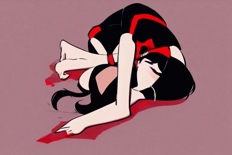 Image similar to a girl laying in an artsy pose, wearing a black outfit with red trim, vector shaded anime style, detailed anime digital art, 4 k