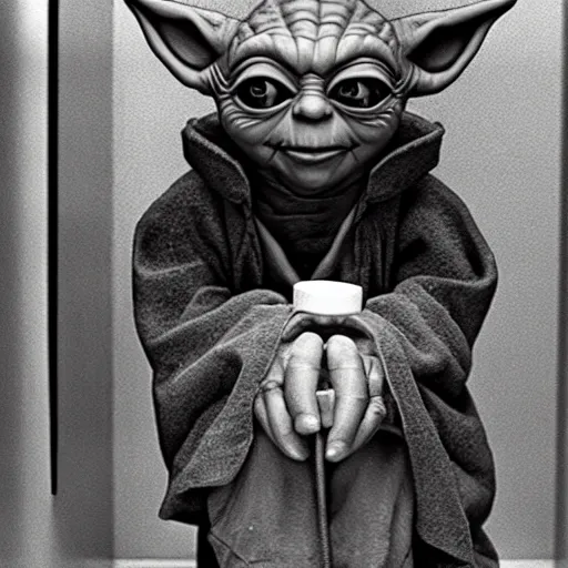 Image similar to photo of yoda sitting on the toilet