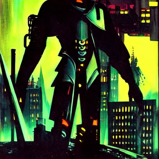 Prompt: cyberpunk knight, epic pose, by jack gaughan, pulp, sci - fi, atmospheric lighting, painted, intricate, ultra detailed