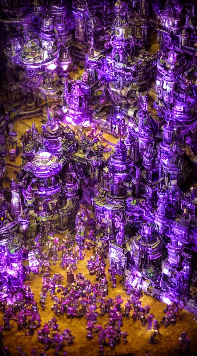 Image similar to robot with purple lights destroying a fantasy castle, professional photo, hdr, bokeh, sci fi, tiny castle, fantasy, small world, toys