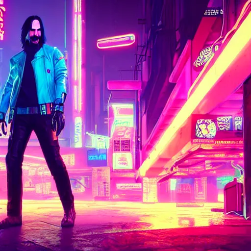 Image similar to Keanu Reeves on neon street in Cyberpunk 2077 Game, synthwave, artstation art, night, professional light