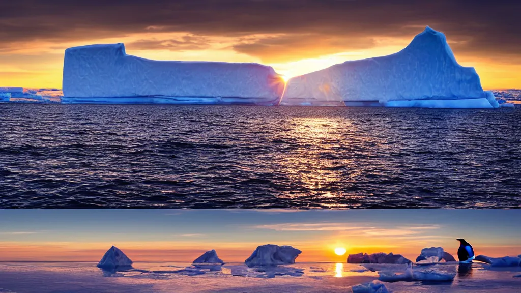 Image similar to photo of the most beautiful panoramic landscape, where a giant iceberg is lost in middle of the artic ocean, a giant penguin is exhaling steam while walking over the iceberg, there is nothing else, the artic ocean is reflecting the giant penguin over the iceberg and the ray lights of the sunset are brightening him, award winning photo, minimal style, by frans lanting