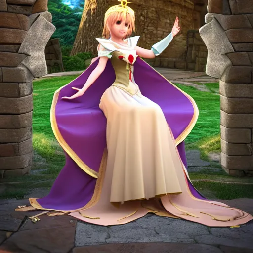 Image similar to a pleasant, beautiful, funny, smooth 3D CG render, semirealistic anime style, a noble priestess magician princess girl wearing dress and jewelry, in a glorious magic kingdom with castle and walls, relaxing calm vibes, fairytale, octane render