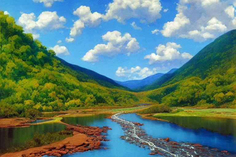 Prompt: two rivers converge to form one larger river, appalachian mixed mesophytic forest, vibrant blue sky background, by Cortes Thurman the greatest Barbizon-influenced concept artist ever known and by Joe Jusko, rendered in hyperdetailed Ultra HD, trending on ArtStation, hypermaximalist