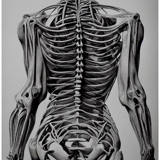 Prompt: cinematic scene of a detailed and intricate design of the back of full woman body wrapped in bones, close up, photo real, intrincate, in the style of giger, studio shot, dark shadows, creepy, nightmarish, dynamic lighting, great finesse organic hyper detailed, engineering blueprints, technical drawings, calculus, stained paper, hyperrealistic, ultra detailed, 16K, unreal engine, trending on artstation