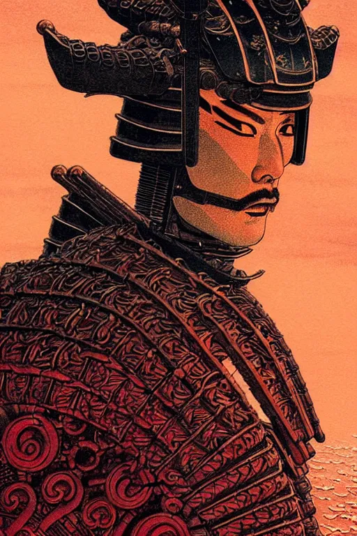 Prompt: japanese shogun, character portrait, portrait, close up, concept art, intricate details, highly detailed, blood moon background, soft light, vintage sci - fi poster, in the style of chris foss, rodger dean, moebius, michael whelan, and gustave dore