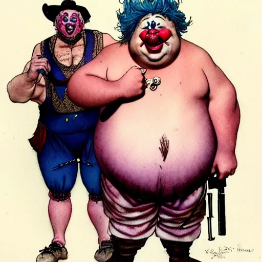 Image similar to a realistic and atmospheric watercolour fantasy character concept art portrait of a fat clown with pink eyes wearing a wife beater and holding a gun. by rebecca guay, michael kaluta, charles vess and jean moebius giraud