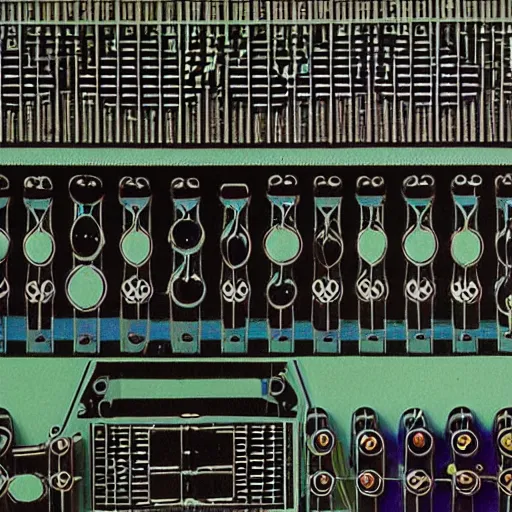 Image similar to Synthesiser designed by Paul laffoley, high detail photo