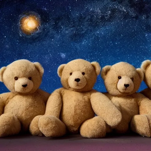 Prompt: a group of teddy bears standing in a circle holding hands outside their caste under a starry sky