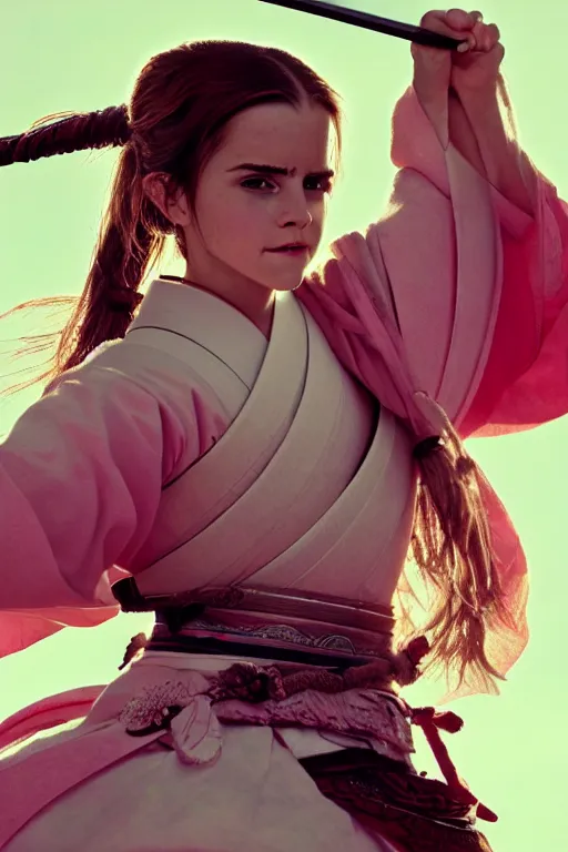 Prompt: highly detailed beautiful photo of emma watson as a young female samurai, practising sword stances, symmetrical face, beautiful eyes, pink hair, realistic anime art style, 8 k, award winning photo, pastels colours, action photography, 1 / 1 2 5 shutter speed, sunrise lighting