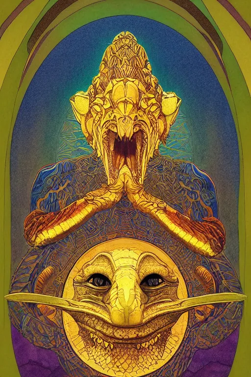 Image similar to beautiful crocodile headed god by maxfield parrish, mandala, coherent design, symmetrical, vivid colors, digital watercolor ink illustration painting, complementary color, golden ratio, detailed, sharp lines, sharp focus, intricate, rainbowshift, artgerm, gustave dore, alphonse mucha, octane render