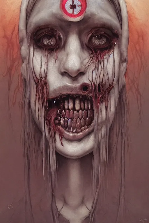 Image similar to watercolor cartoon grunge portrait of a creepy horror nurse girl . intricate abstract. intricate artwork. nightmare fuel. terrifying. by zdzisław Beksiński, wlop, dan mumford , trending on artstation, greg rutkowski very coherent symmetrical artwork. cinematic, hyper realism, high detail, octane render, 8k